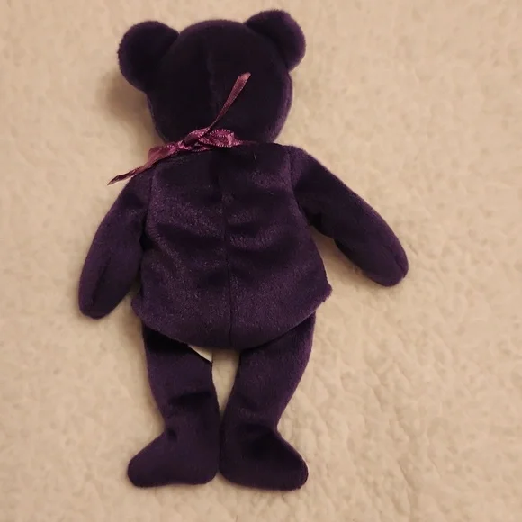 Vintage 90' Princess Diana Rosette Floral Embroidery TY Beanie Baby Purple Bear - Picture 4 of 10